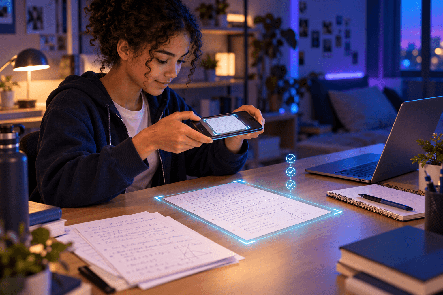 Une élève photographie une évaluation manuscrite avec son téléphone